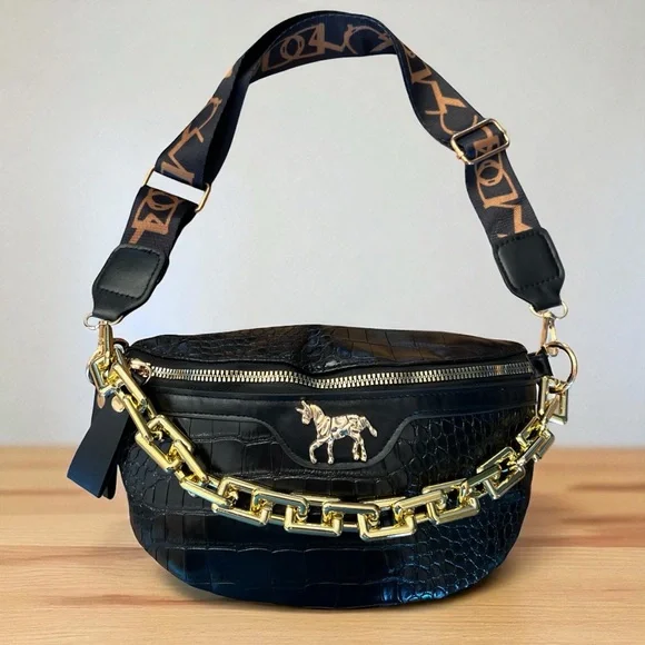 Black Crocodile Pattern Fashion Crossbody Bag with Gold Chain - Picture 2 of 5